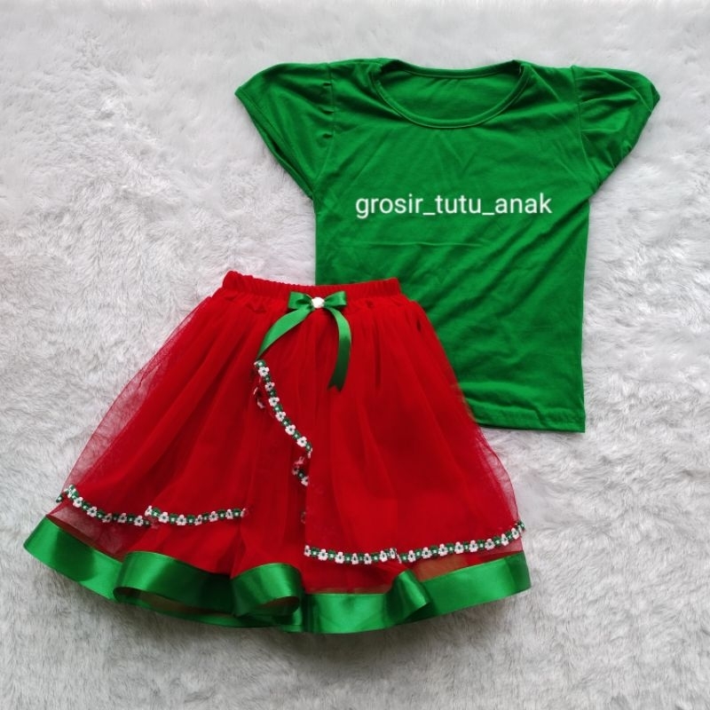 One Set Setelan Rok Tutu Renda Melati Merah Pita Hijau | setelan Rok Anak Size Nanggung | Setelan Ro