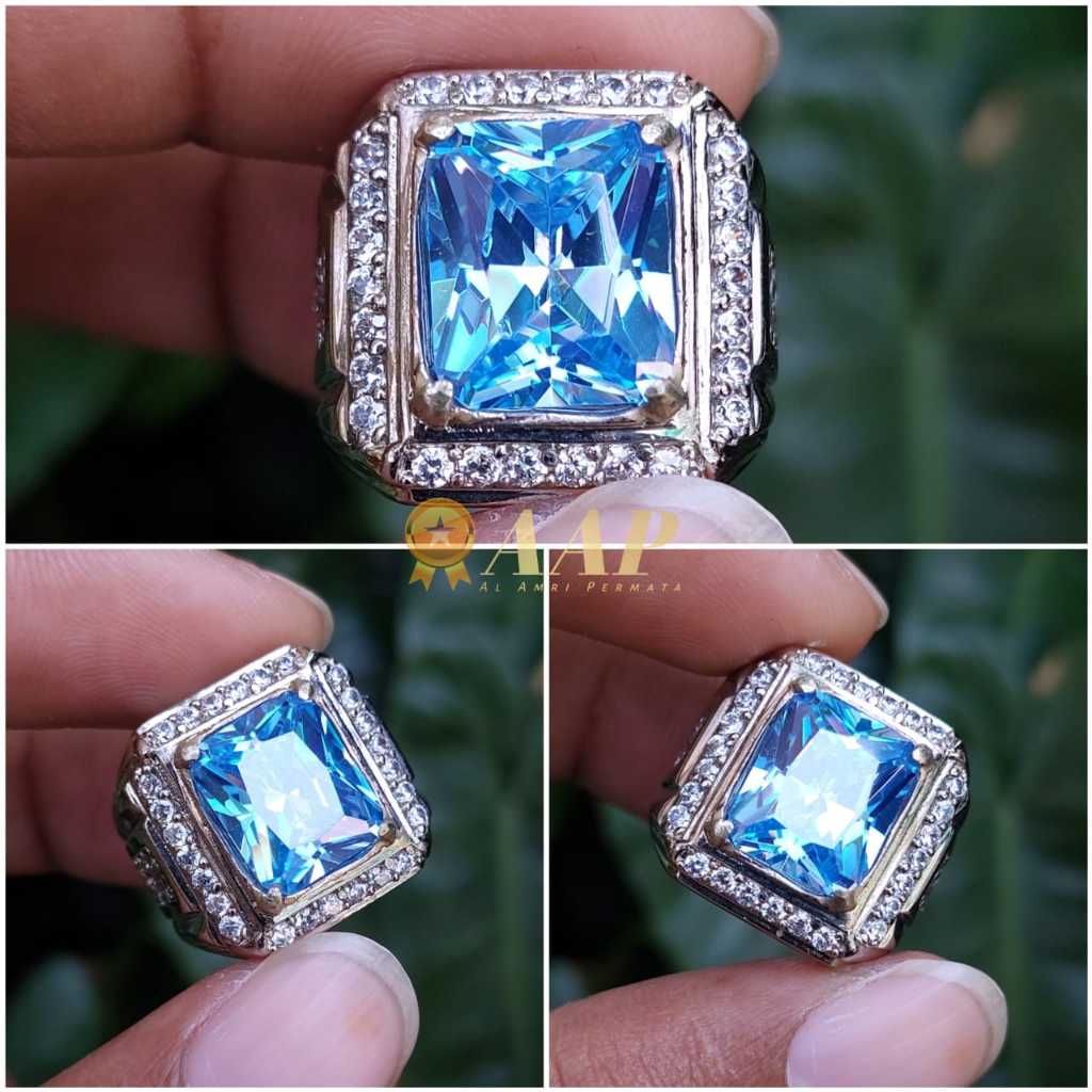 Cincin batu blue topaz Cincin pria Batu topaz Batu swiss blue topaz