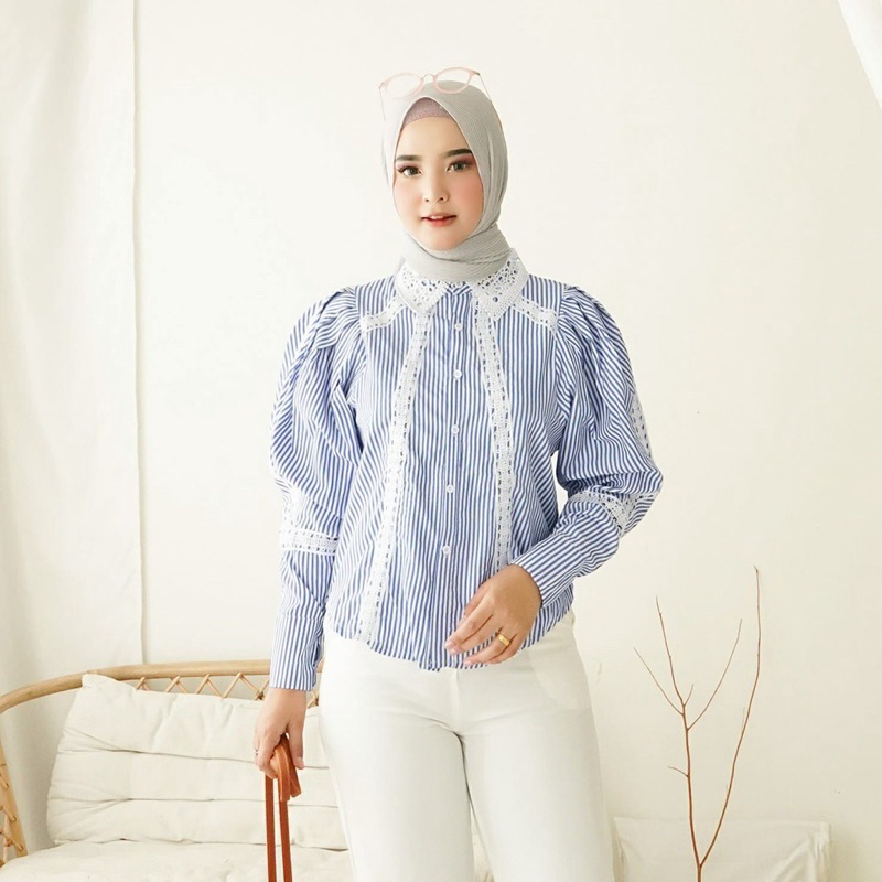 TM 2383# Kemeja Gioberta Puff Sleeve Striped Shirt Import