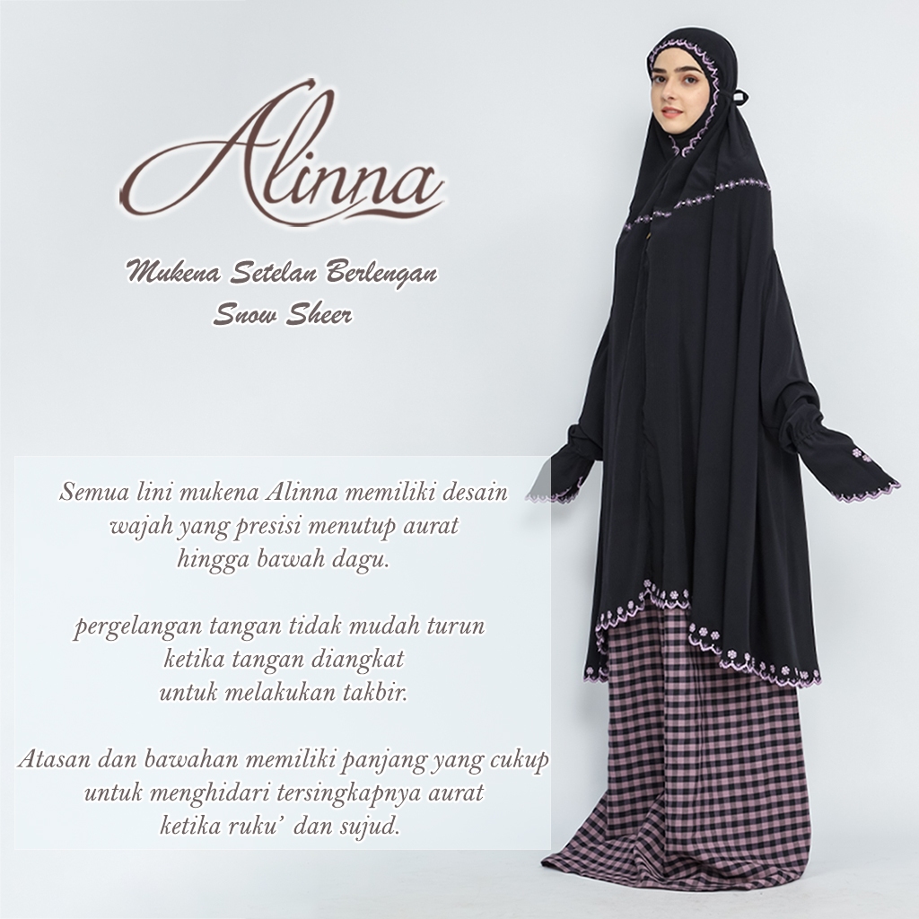 Mukena Alinna Setelan Potong Atas Bawah Berlengan Tangan Dagu Snow Sheer 01