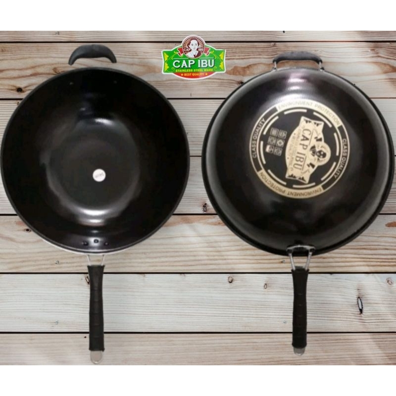 Wajan Enamel 32cm,34cm ,36cm / Kuali Enamel / Cekung / Kuali Gagang / Kuali Hitam Cap Ibu