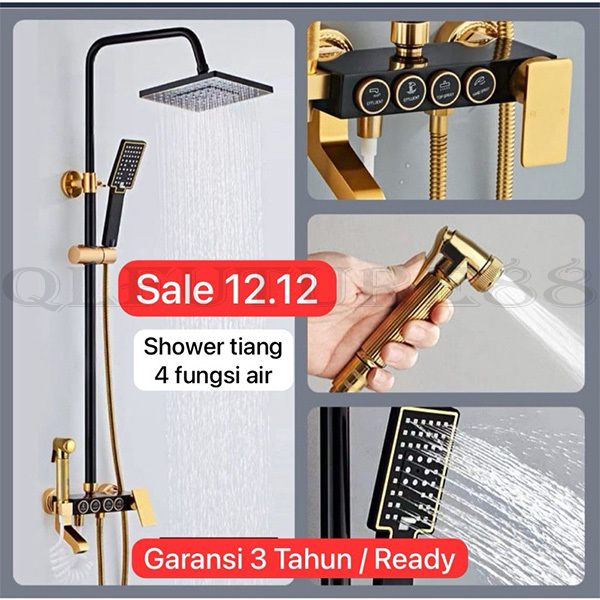 GARANSI 3 TAHUN & READY Shower Tiang TERMURAH Panas Dingin Set 4 Fungsi SUS 304 Hitam-Gold Model Tom