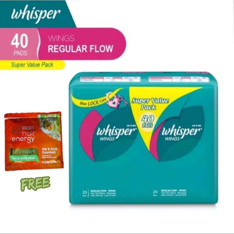 Whisper Pembalut Wanita Reguler Flow Wings - 40 s ( Free Creambath Makarizo Hair Energy )