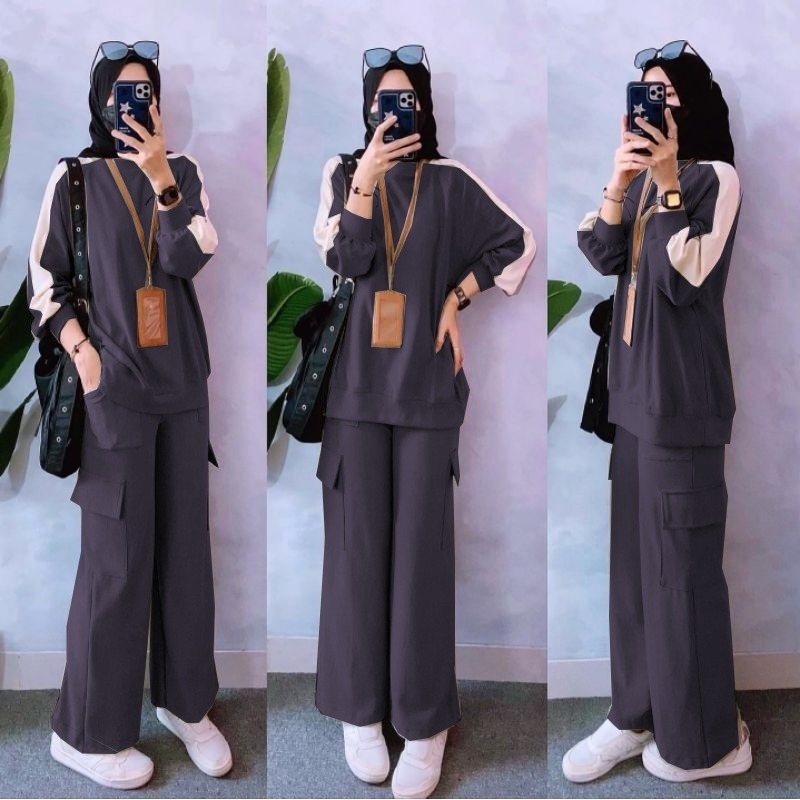 PROMO Set Cargo Setelan Celana Cargo List Tangan One Set Training Baju + Celana Wanita Olahraga