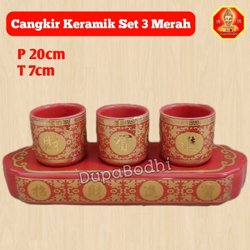cangkir keramik merah isi 3 set / cangkir merah / cangkir sembahyang keramik / cangkir merah sembahy