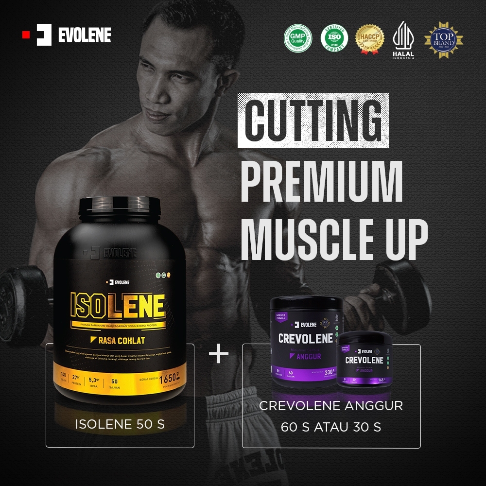 Bundling Cutting Premium Muscle Up EVOLENE Isolene 50 Sachet + Crevolene 150 Gram - 300 Gram