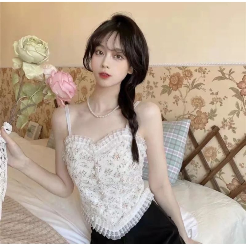 0Tanktop Seksi Renda Bunga Kamisol Wanita Atasan Luar Outer Tanpa Lengan preloved