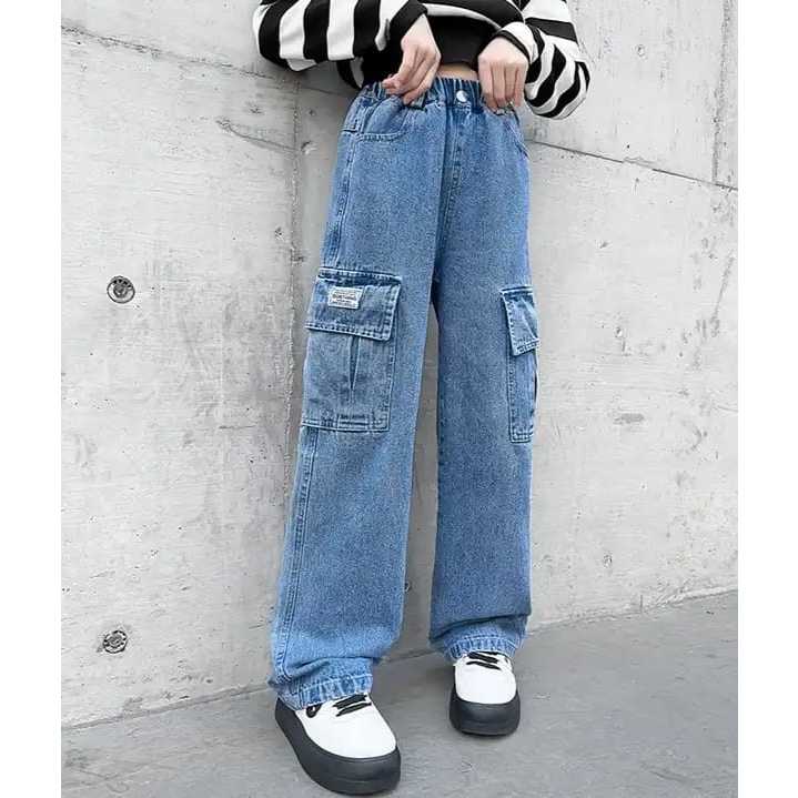 JEANS ANAK CARGO / KULOT CARGO ANAK PEREMPUAN / HIGHWAIST LOOSE JEANS CARGO