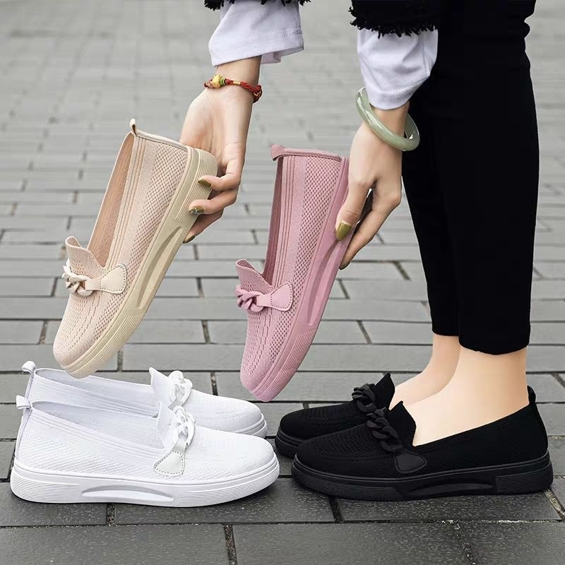 Sepatu Slip On Wanita Rajut Tanpa Tali Flat Shoes Wanita Moif Rantai Kekinian"FREE BOX"