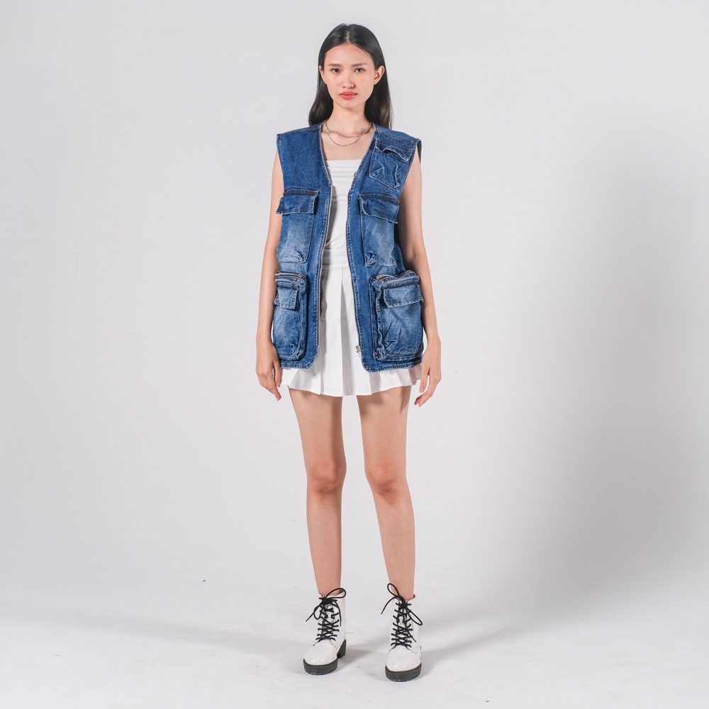 AMBRA - Jameson Deni Cargo Vest | Vest Denim Wanita dan Pria | Rompi Denim Unisex
