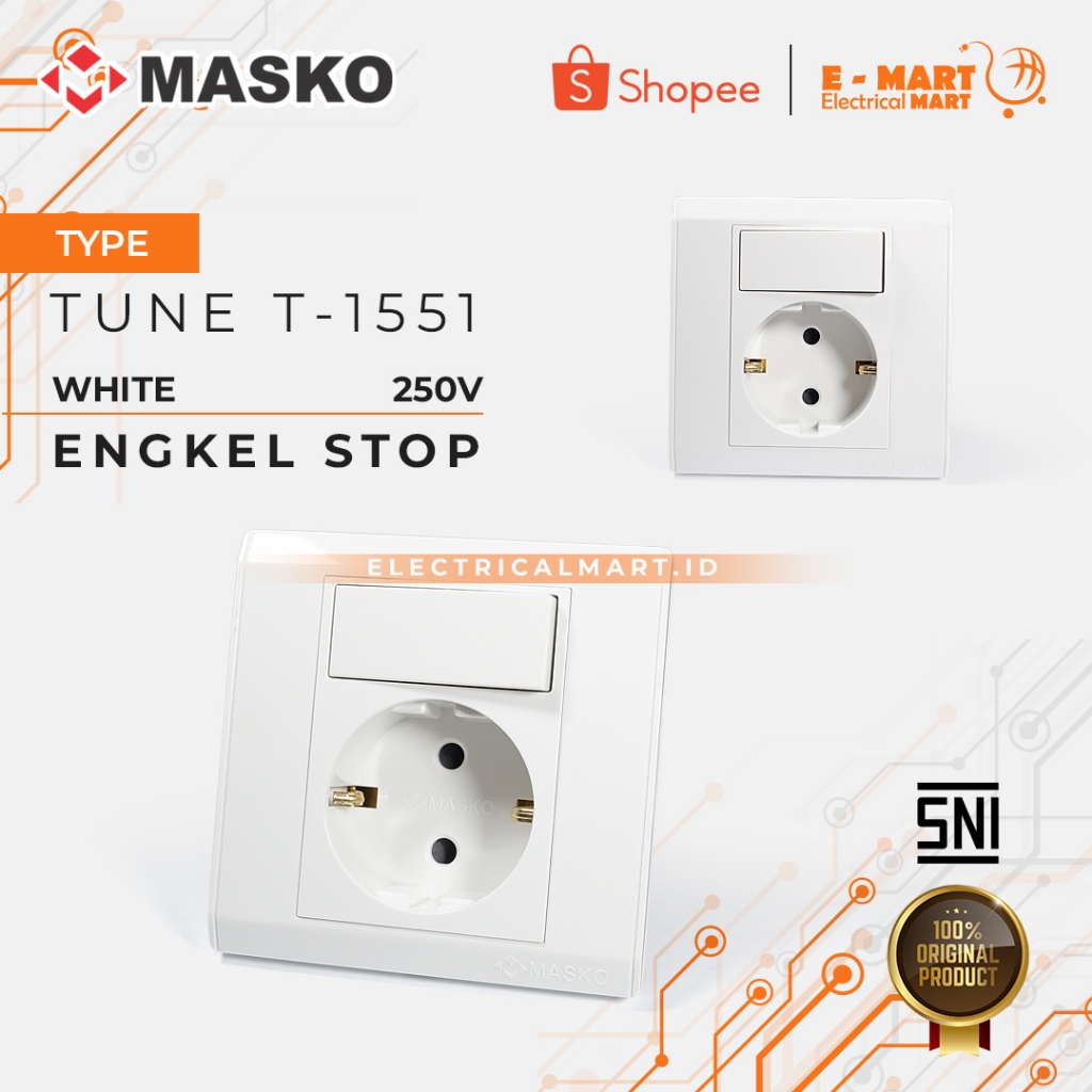 MASKO TUNE Saklar ENGKEL STOP ARDE T-1551/ Saklar Tunggal + Stop Kontak 2P GROSIR