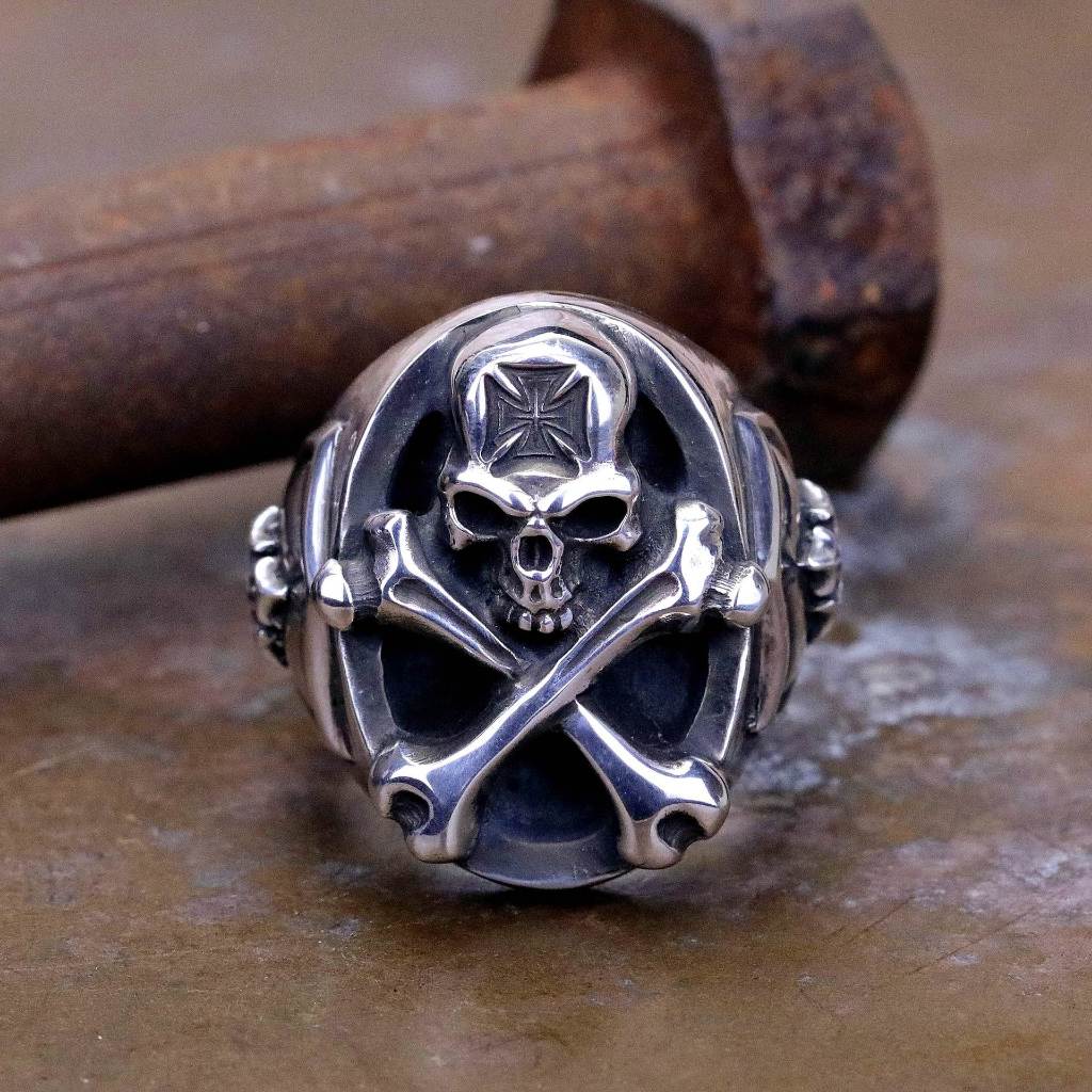 Cincin Tengkorak Tulang Silang S925 - Silver Crossed Bones Skull Adjustable Resizable Open Ring / Ak