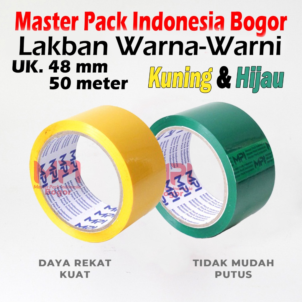 

Lakban Warna Kuning & Warna Hijau 48 mm x 50 Meter / Lakban Isolasi Warna - Lakban Warna Master Pack Indonesia Bogor