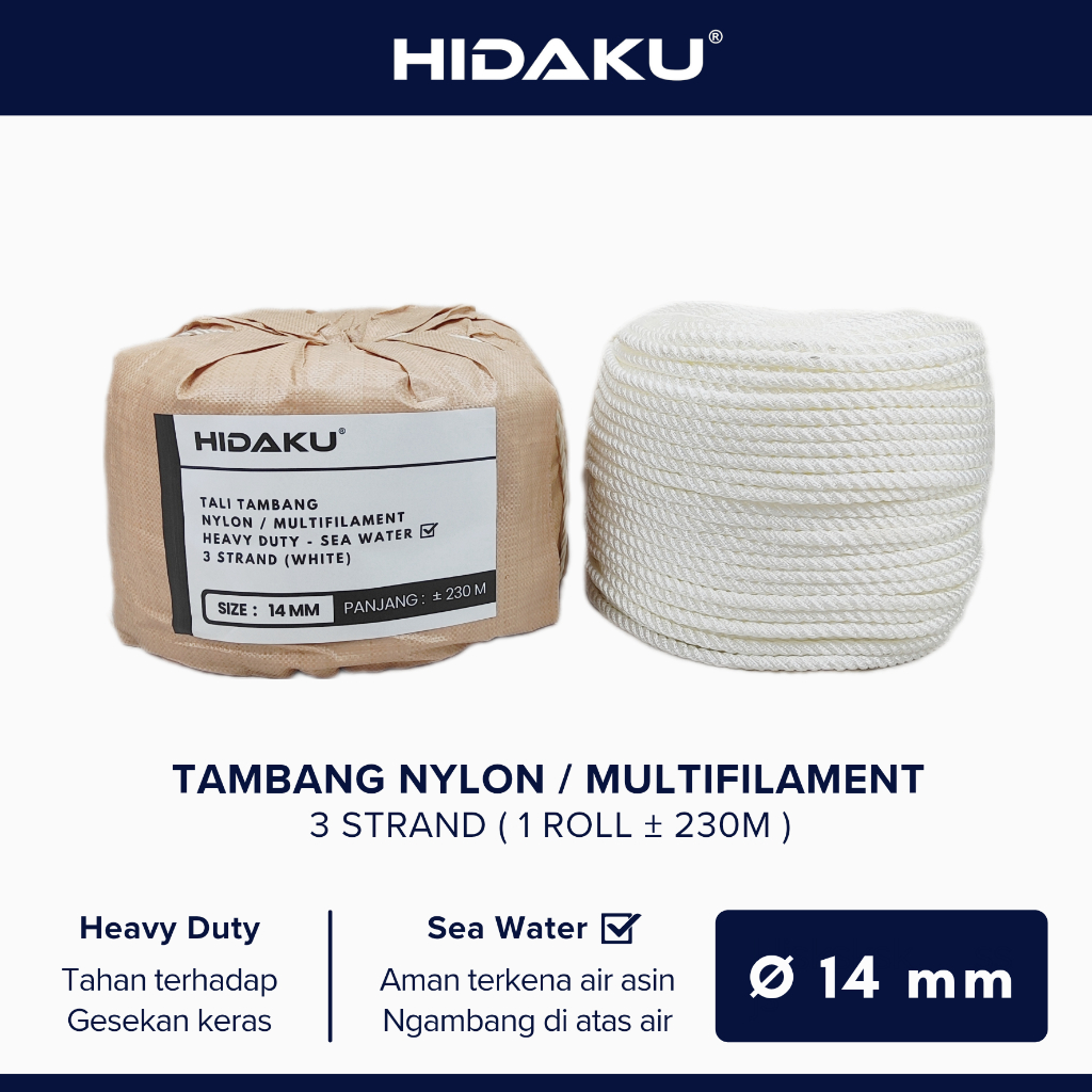 HIDAKU tali tambang nylon 14mm ECERAN / tambang nilon 14mm / Meter