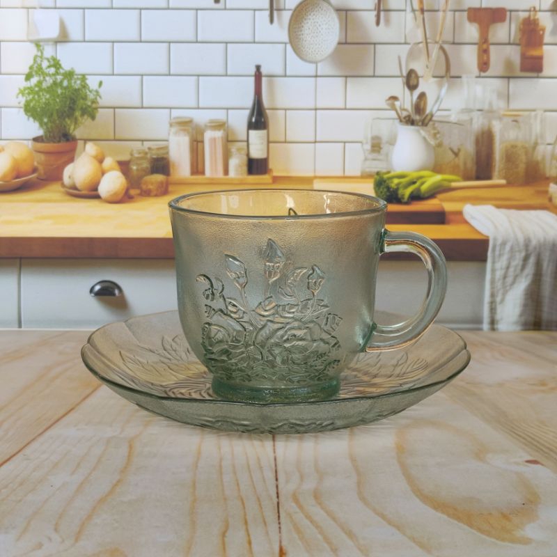 Cangkir kopi set 170ml Gelas Kaca Kopi Gagang dan Lepek Kaca