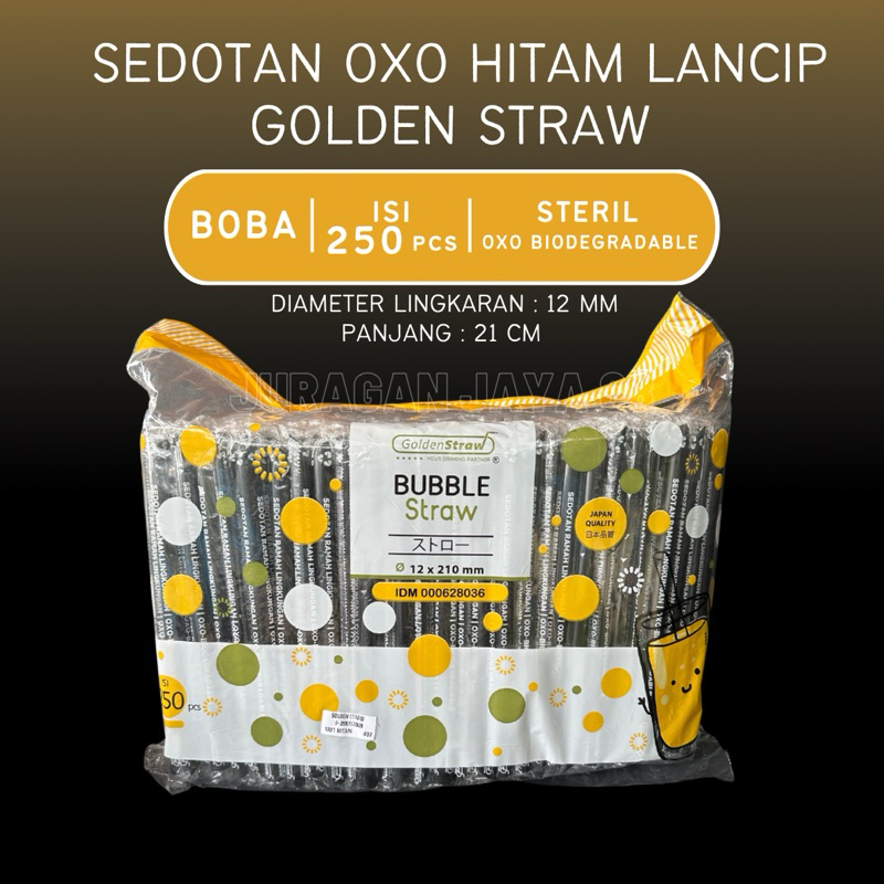 (250 PCS) Sedotan Golden Straw Boba Hitam Lancip Steril OXO Biodegradable | Alat Minum Boba Diameter