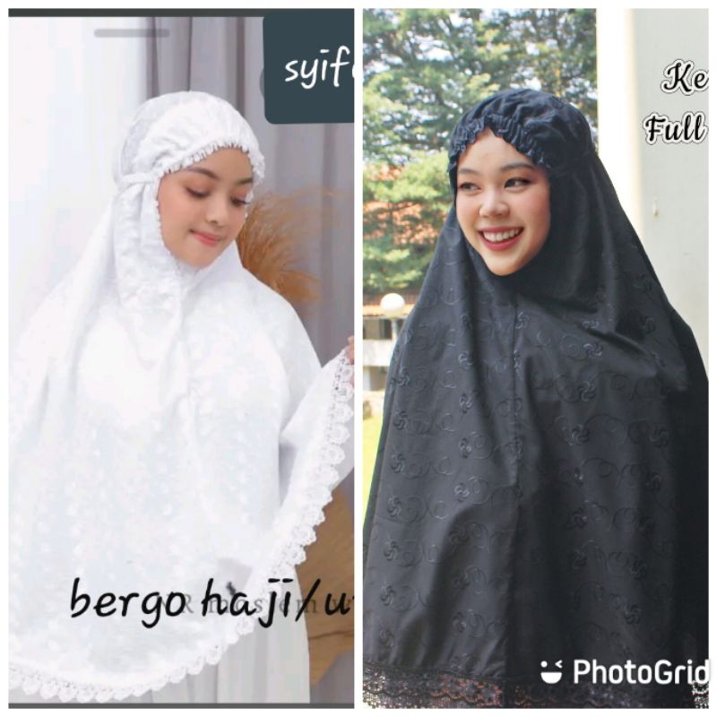 Bergo haji /umroh katun motif bordir hitam&putih