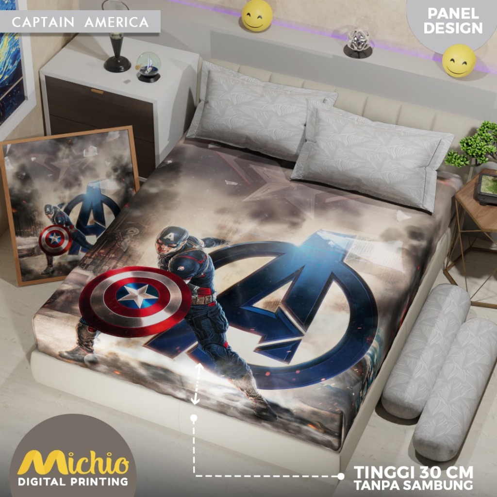 SPREI MICHIO CAPTAIN AMERICA 120//160/180 TINGGI 30CM 30 CM / SPREI JAGOAN SUPER HERO ANAK COWO KAPT