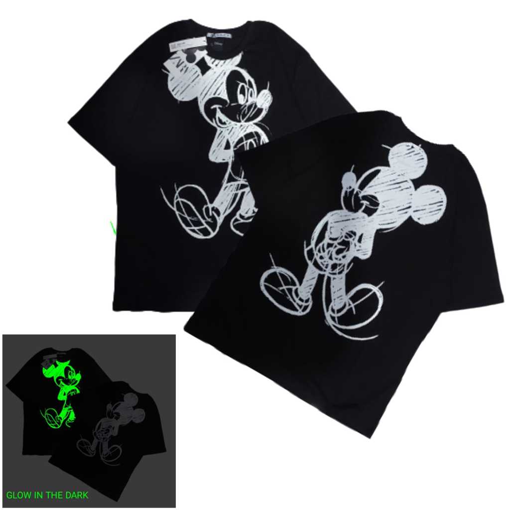 Kaos mickey mouse wanita dewasa glow in the dark lengan pendek gitd pria katun combed 24s pakaian ov