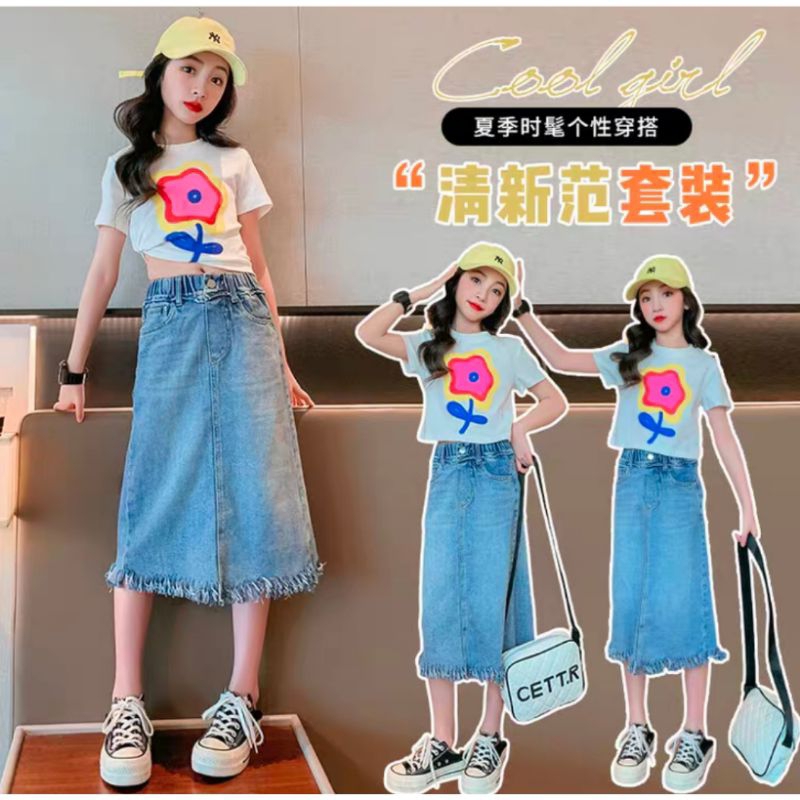 Setelan Rok Jeans + Atasan Kaos Crop Bangkok Korean Vintage Style Premium import anak perempuan