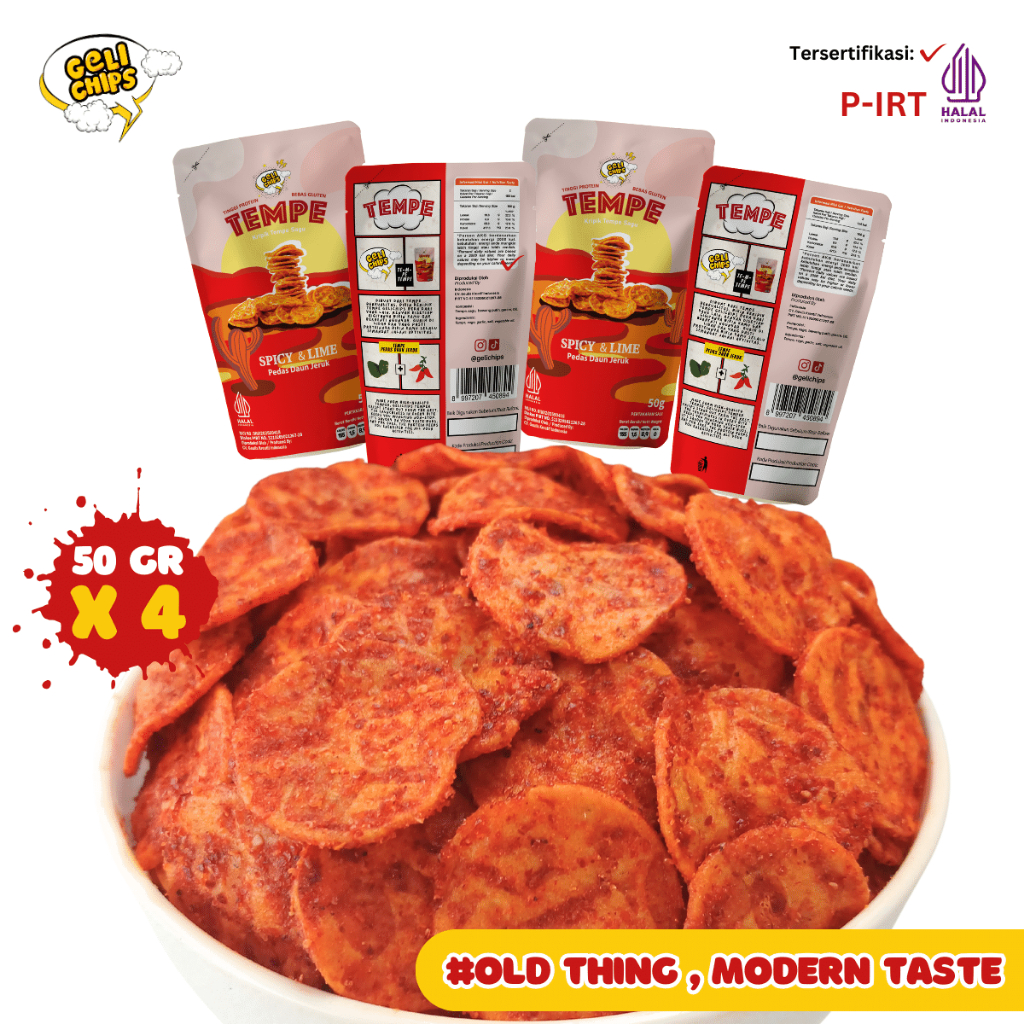 

Gelichips - Paket 4 Pcs Kripik Tempe Spicy Camilan Pedas Combo 50gr / Kemasan