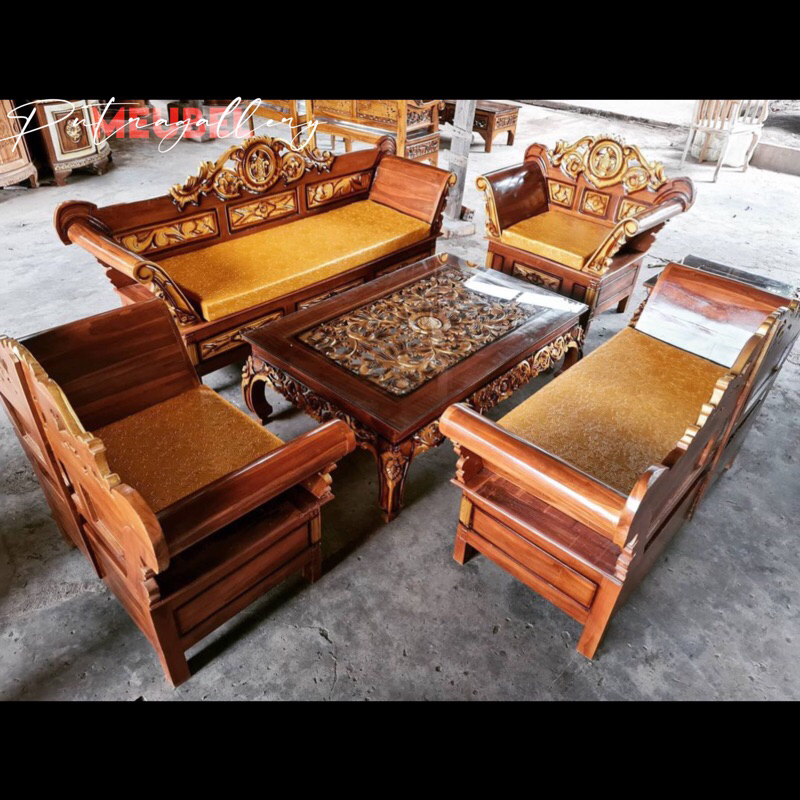 Kursi Tamu Madura Matahari Meja Ketapang + Busa Matras Full Kayu Jati Jepara PGM-006