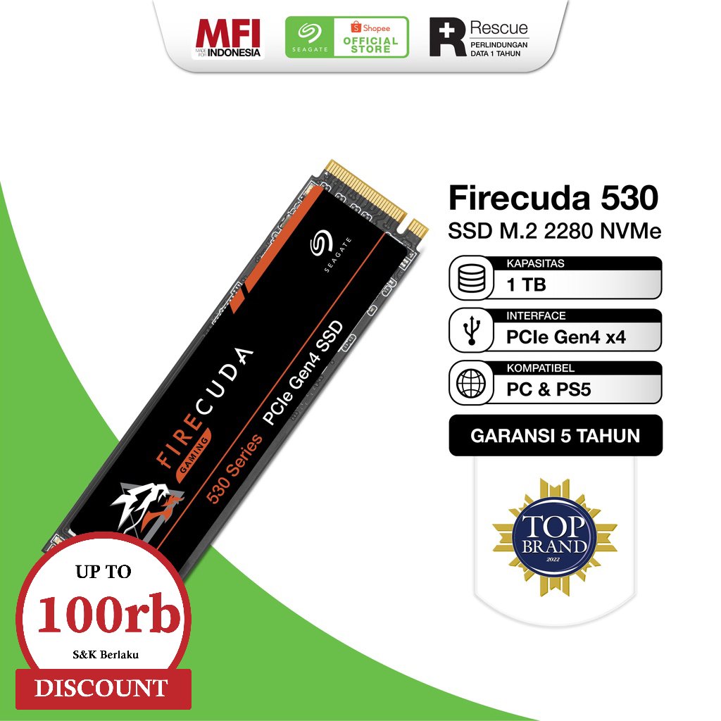 Seagate FireCuda 530 SSD M.2 2280 NVMe - 1TB ( Kompatible untuk PS5 )