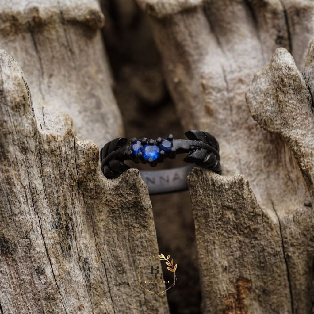Single Ring Rustic Black With Blue Sapphire Stone Black Ring Wedding Ring Cincin Kawin
