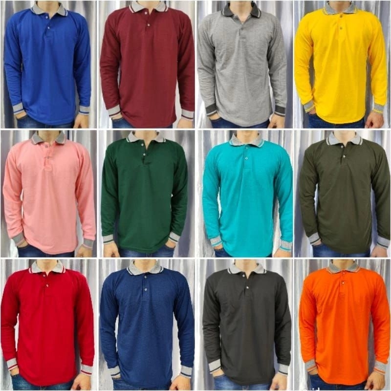 kaos kerah polos lakos lengan panjang kaos kerah kombinasi lengan panjang wanita dan pria
