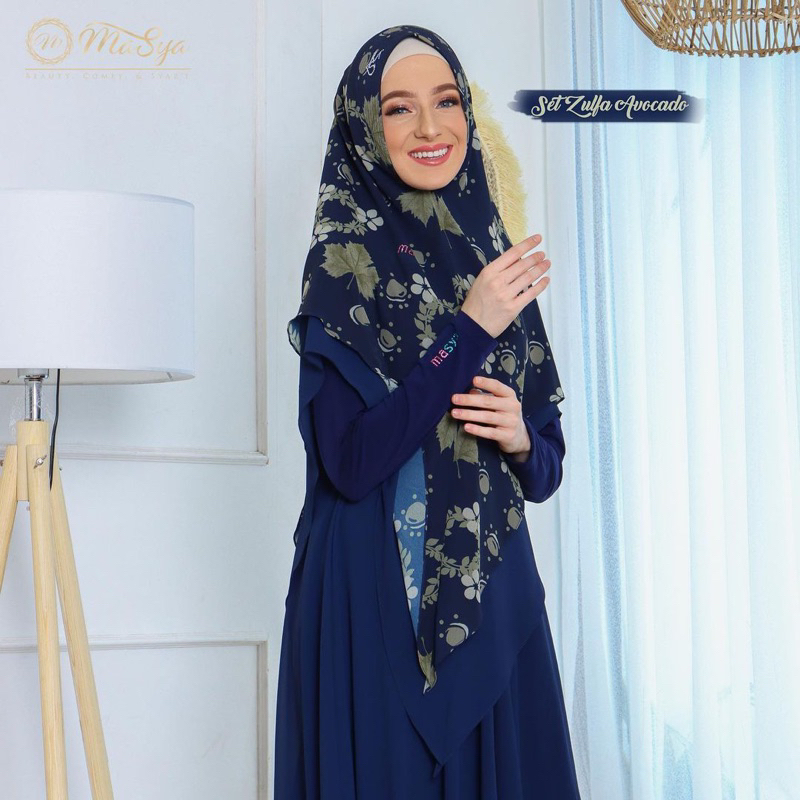 Set Gamis Dress Ceruty Babydoll Syari Branded Prinitng Navy - Grey - Avocado - Grape Mewah Masya Sya