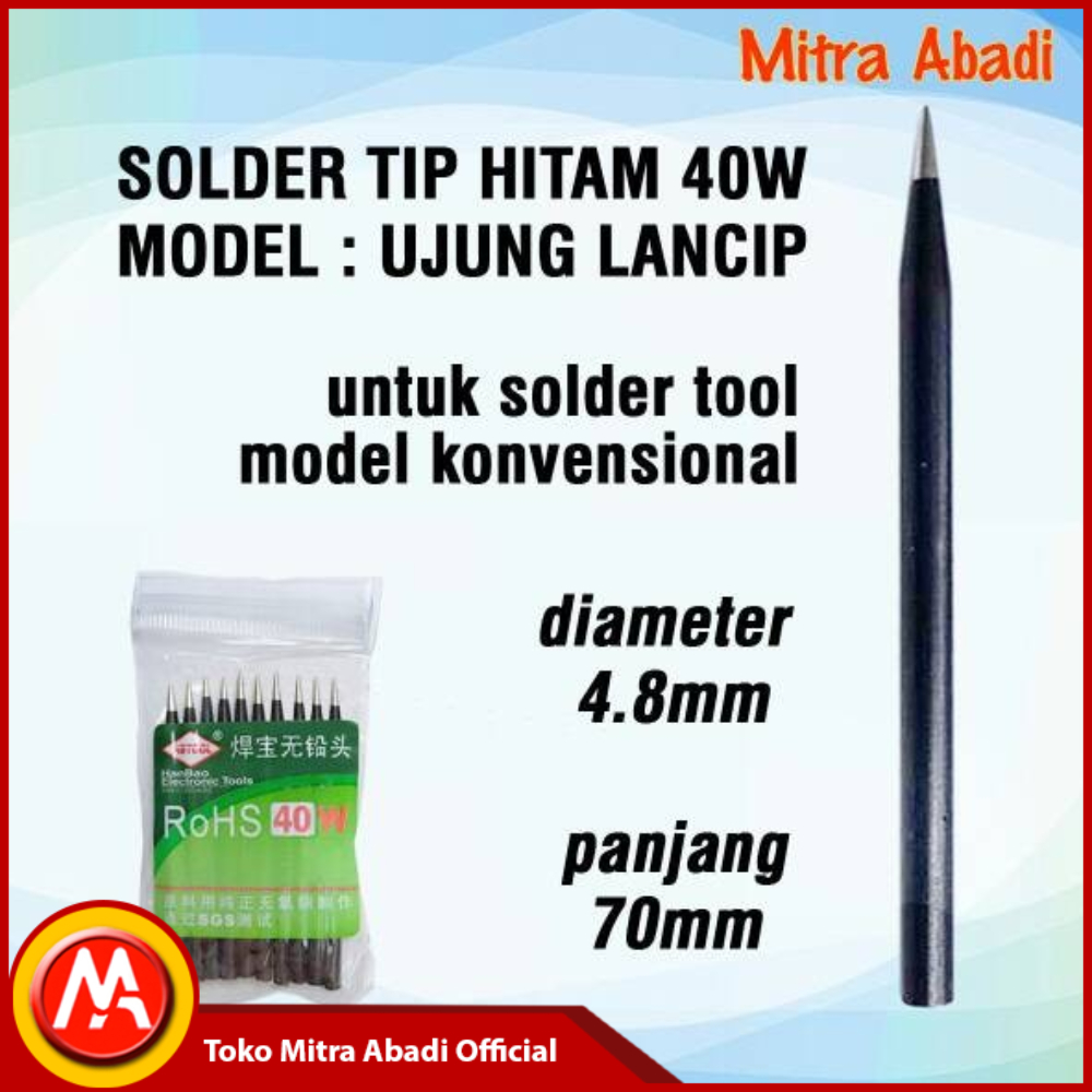 Solder Tip 40W Hitam Model UJUNG LANCIP Panjang 70 mm Dia 4,8 mm