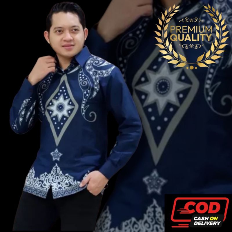 Batik pria premium PERMATA navy lapis furing/kemeja atasan pria/kemeja batik warna navy/kemeja batik