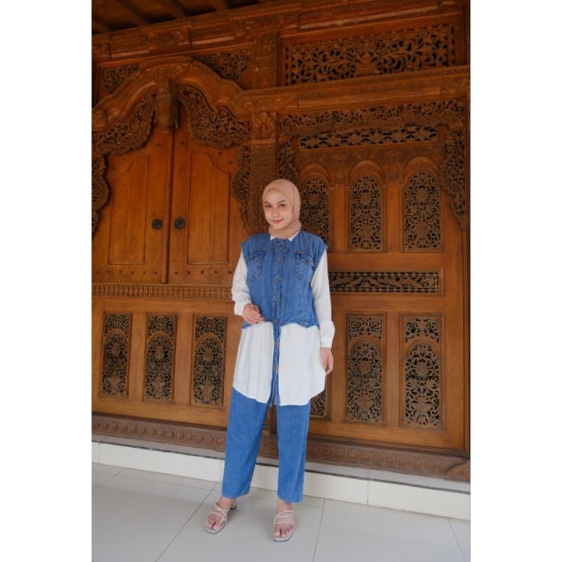 Terbaru 12.12 Asofa Elva Setelan Pakaian One Set Atasan dan Celana Vest Jeans Poliester 