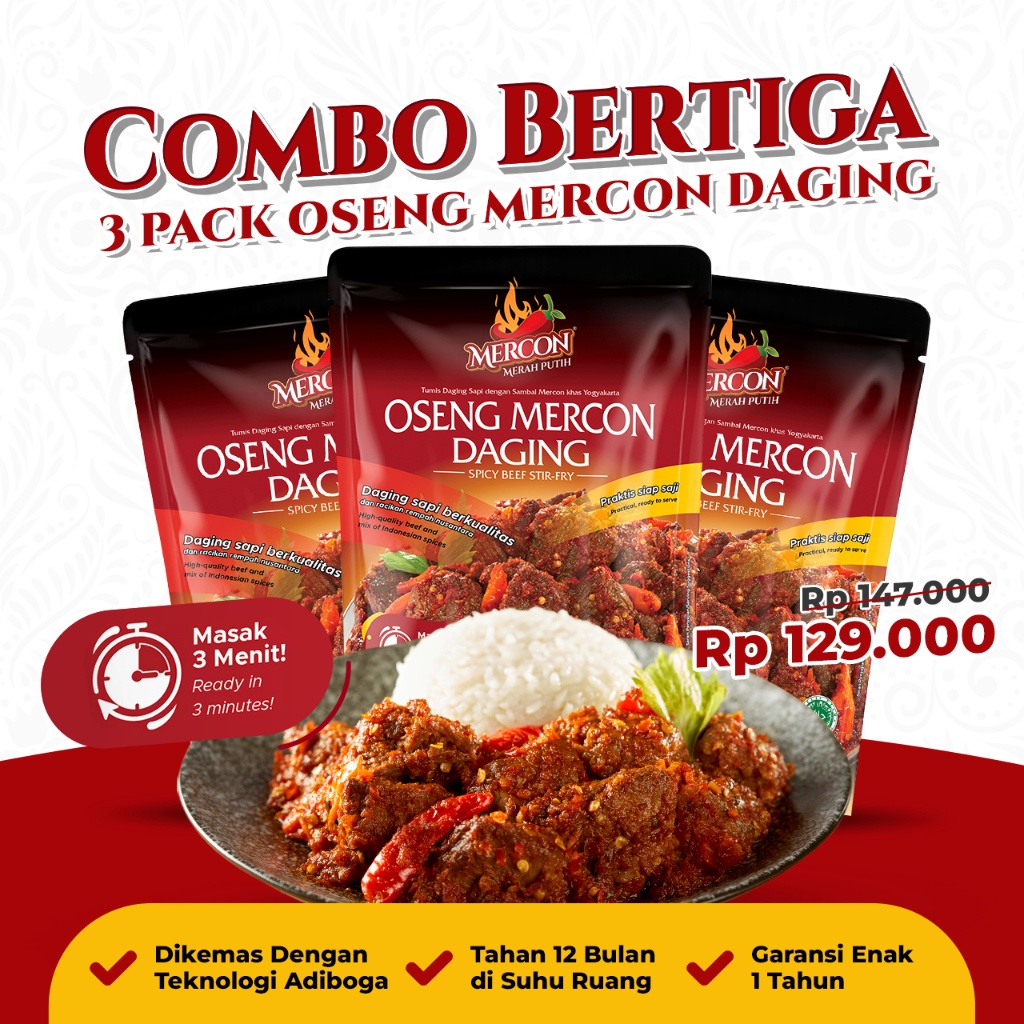 

HARGA GROSIR [GRATIS SAMBAL MERCON - 100 PEMBELI PERTAMA SAJA] Mercon Merah Putih - Hemat Combo Bertiga || 3 x Oseng Mercon Daging murah