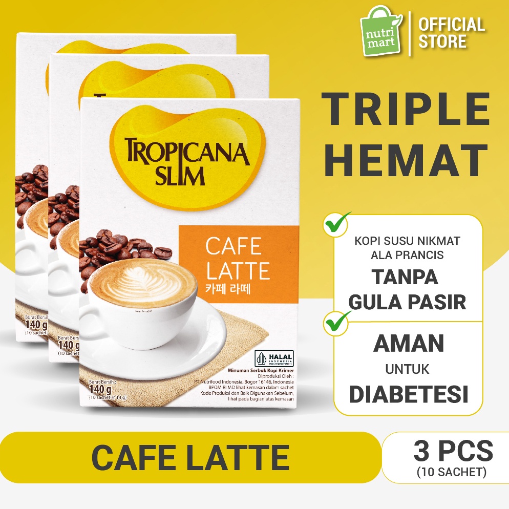 

R3ady St0ck Triple Pack - Tropicana Slim Cafe Latte 10 Sachet 14 gram - Kopi Susu Nikmat Tanpa Gula Pasir Again