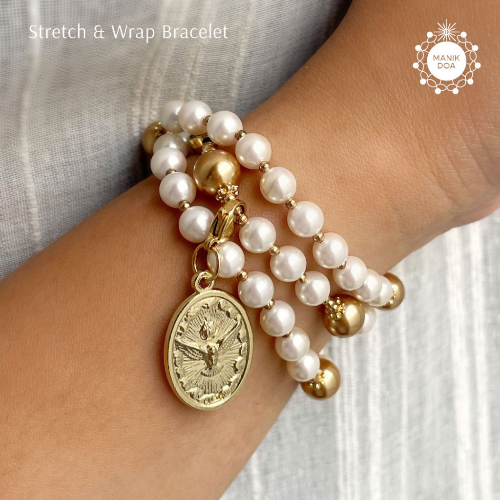 Stretch & Wrap Rosary | Kalung Gelang Rosario Elastis Lilit | White & Gold Pearl, Ungu, Putih, Tosca