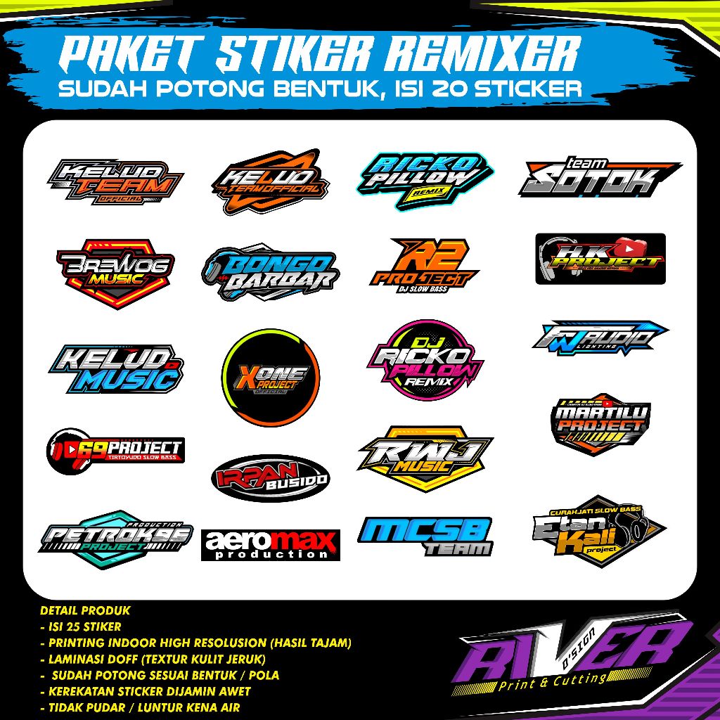 Stiker REMIXER Sound System VYNIL MAXDECAL INDOR PRINT & CUT (ANTI AIR) | PAKET 20 Sticker -  Kelud 