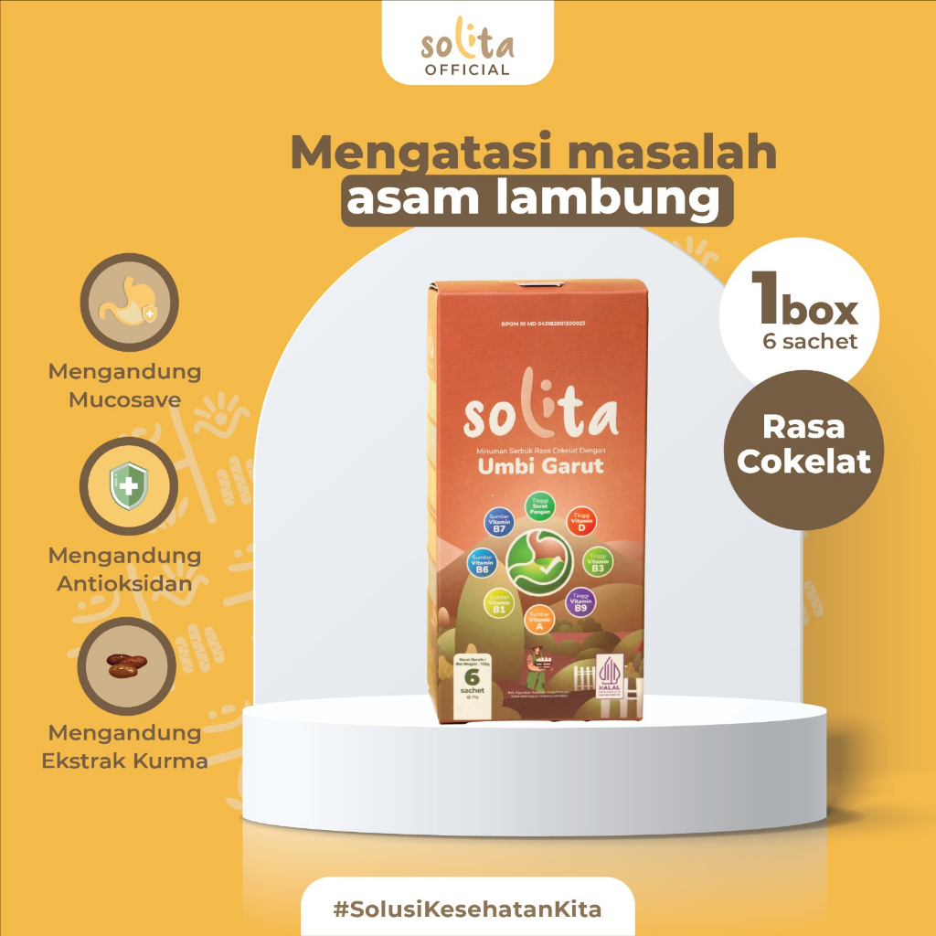 

SOLITA Minuman Serbuk Umbi Garut Rasa Coklat Choco Cokelat 1 Box Isi 6 Sachet Superfood Ekstrak Kurma Untuk Asam Lambung Maag Gerd