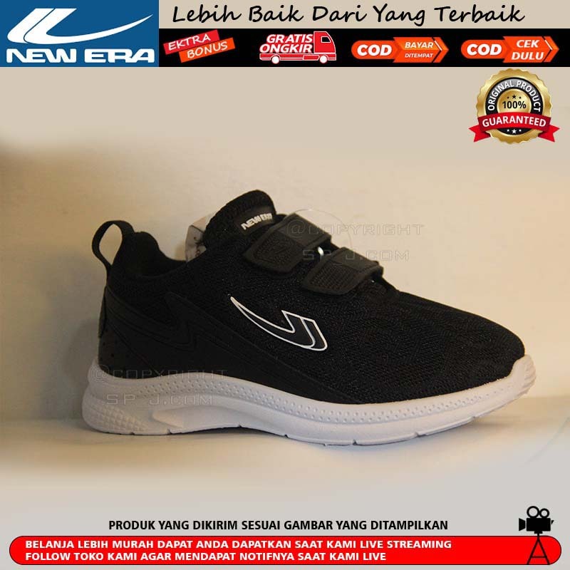 NEW ERA Sepatu Anak Sekolah Laki Perempuan Tanggung Dewasa Kretekan Perekat Tanpa Tali Hitam Putih
