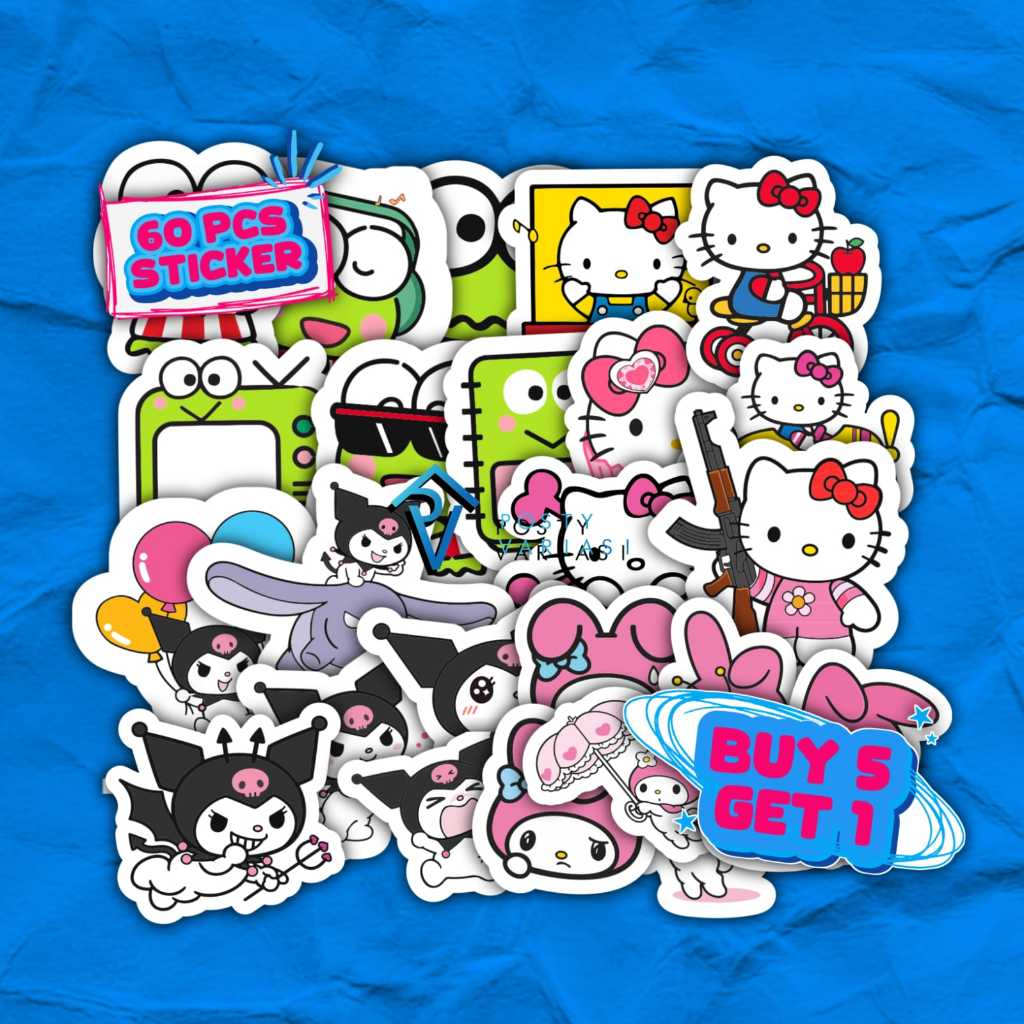 

60 Pcs Stiker Sanrio Kuromi Melody Keroppi Hello Kitty Lucu Untuk Case HP Helm Laptop Anti Air