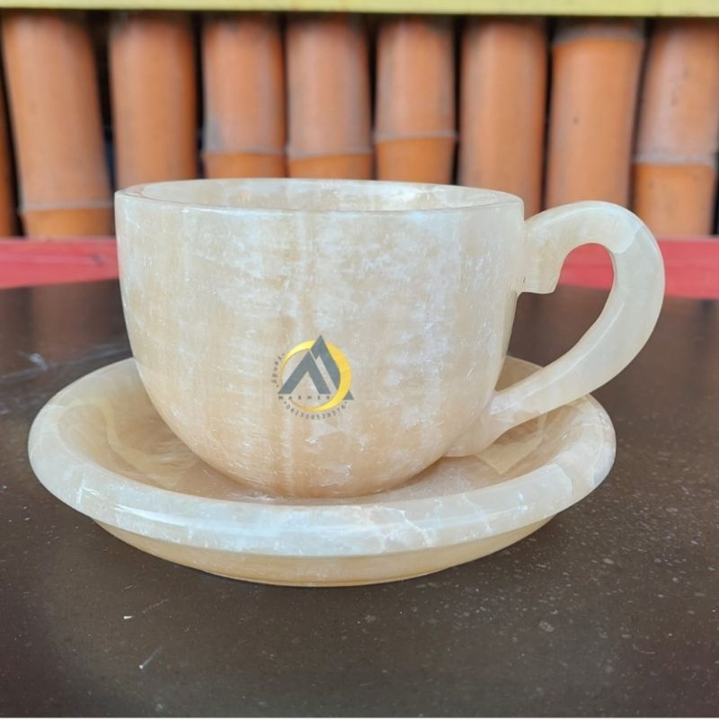 Set gelas cangkir tutup + lepek bahan full batu onix bening