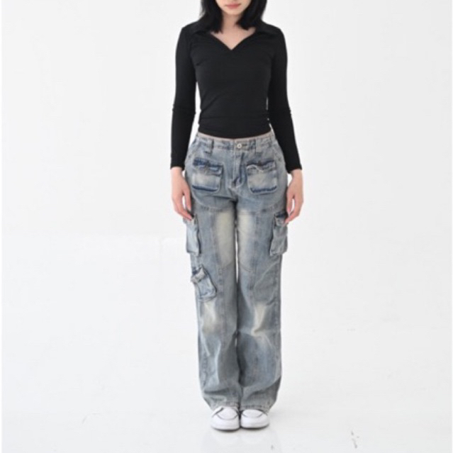 [LUNADEDOVE] L3 / BLUE CARGO JEANS - Celana Baggy Cargo Jeans Wanita Pocket Details