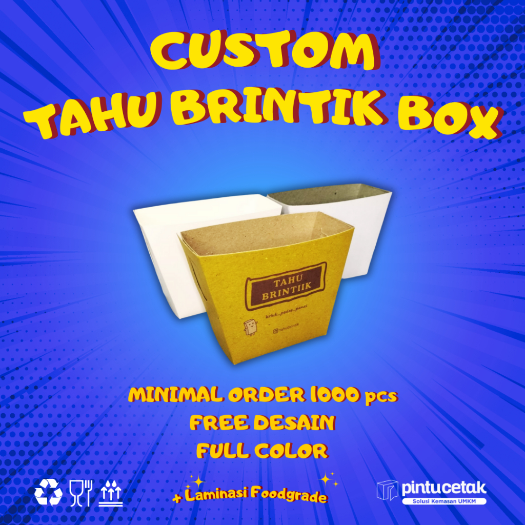CUSTOM DESIGN TAHU BOX Makanan Paper Kraft, MIN ORDER 1000 PCS, DESIGN FULL COLOR WARNA TERMURAH. Lu