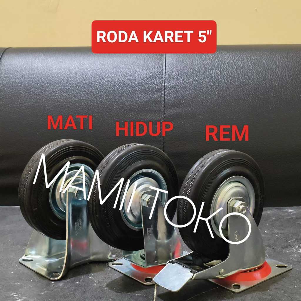 Roda troli 5 inch karet hitam Mati Hidup Rem Caster Kastor 5" Trolley