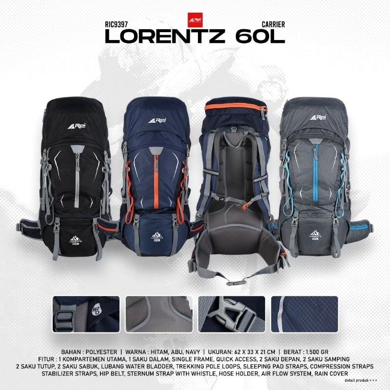 Tas Gunung Pria Rei / Carrier Lorenz 60 Liter Arei Outdoorgear