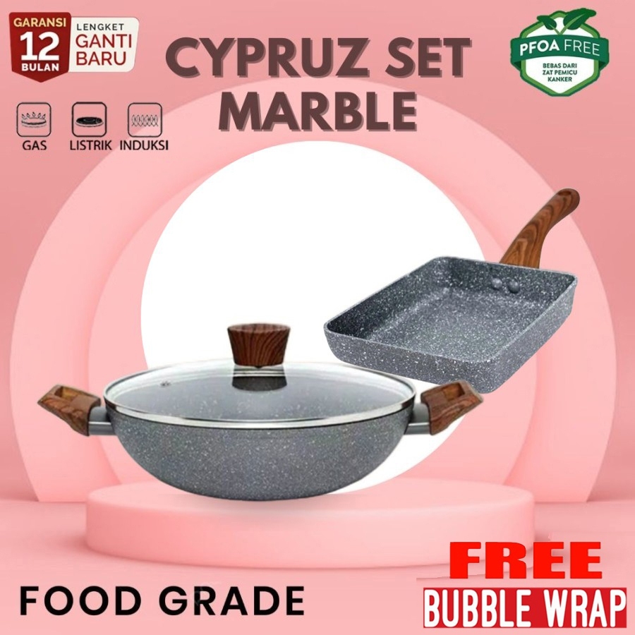 Cyprus Marble Cookware Fry Pan Cypruz Marble Grey Set 2 pcs Panci Wajan Penggorengan Induksi