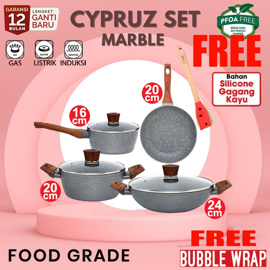 Cypruz Cookware Marble Cyprus Set Fry Wok Pan 4 Pcs panci wajan kuali Penggorengan Induksi