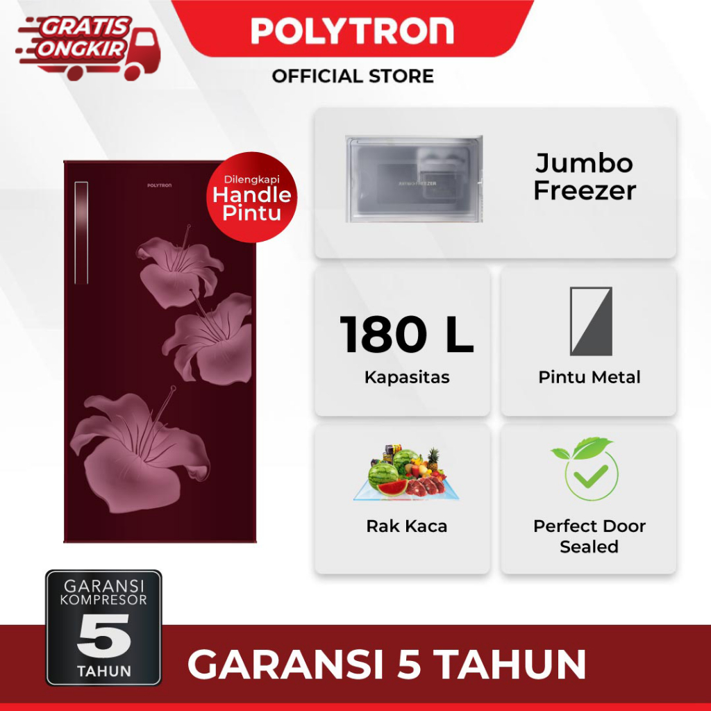 POLYTRON Kulkas 1 Pintu Metallic 180 Liter PRB 186R