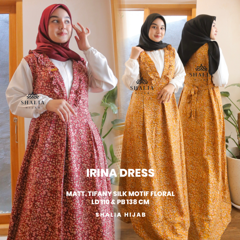 Dress IRINA Tifany Silk Premium Busui JUMBO LD 110 Kombinasi Polos Motif Bunga Floral Baju Gamis Wanita Terbaru by Shalia Hijab