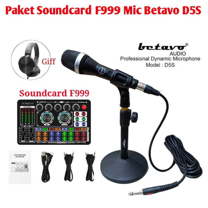 Paket Live Streaming Soundcard F999 Mic Dynamic Betavo D5S  Stand Meja Besi Recordibg Terbaik